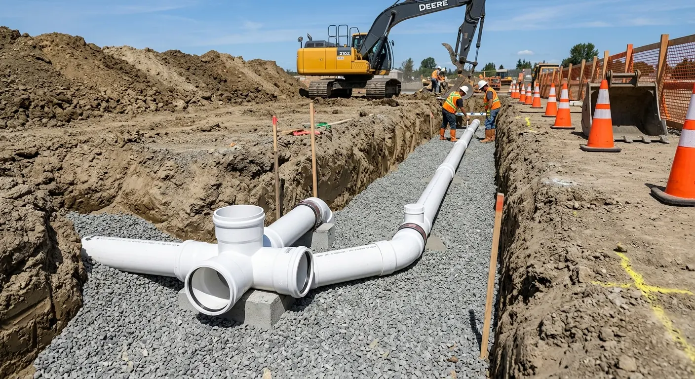 New PVC sewer pipe installation in open trench for Commercial Drain Cleaning in Weston