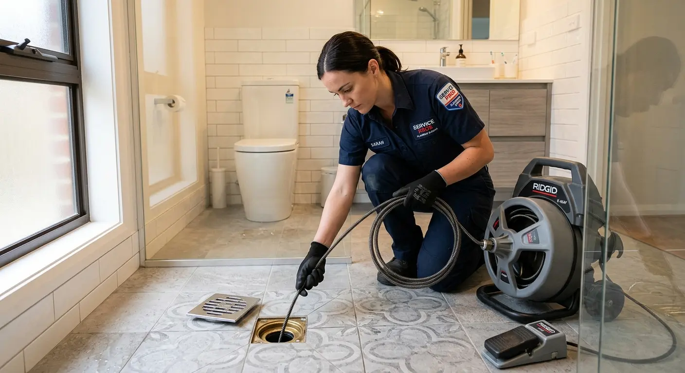 Technician clearing a bathroom floor drain for Clogged Drain Repair in Weston